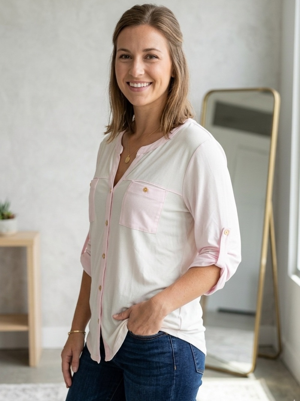 Ellen Tracy Pink Roll Tab Sleeve Henley Blouse L Utility Pocket Button Stretch
